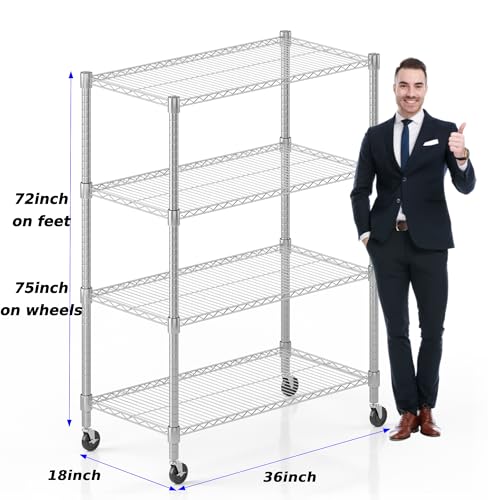 Homdox 4 Tier Heavy Duty Metal Shelves for Storage, Storage Racks and Shelving with Wheels, Commercial Adjustable Wire Shelving Unit, Garage Rack Pantry Shelves Kitchen Shelving, Chrome - color: Chrome, size: 18"Dx 36"Wx 72"H, 4 Tier