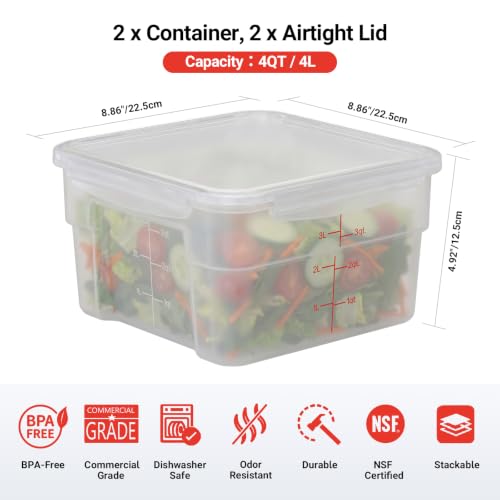 2 Pack 4 QT Airtight Commercial Food Storage Containers, BPA-Free Translucent Polypropylene, Built-In Labeling Area, Stackable for Coffee Beans & Dry Goods, Shallow Model - size: 2 X 4.0(QT)-Shallow