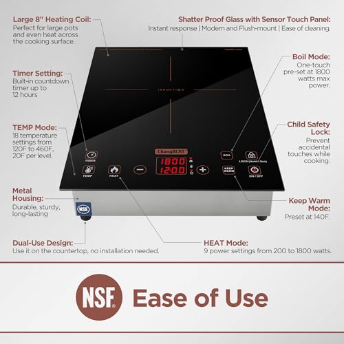 ChangBERT Built-in & Countertop Induction Cooktop, NSF-Certified Commercial Grade Single Induction Burner, Large 8” Heating Coil, Low Noise, Precise Temperature Control for Apartments RVs Food Station - style: Countertop & Built in 1800W