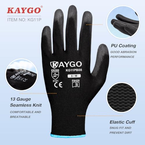 KAYGO Safety Work Gloves for Men Women, PU Coated Palm & Fingers, KG11P - color: Black, size: Large
