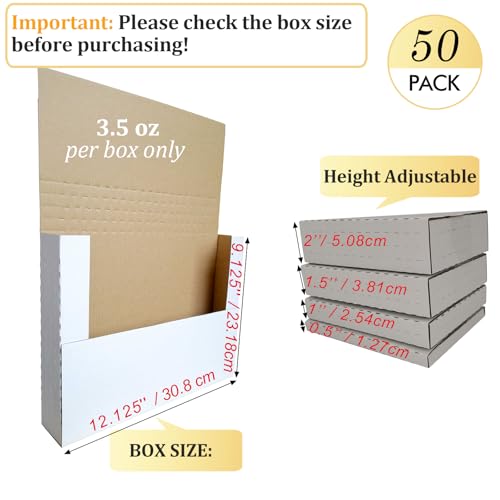 50 Pack Book Shipping Mailers, 12-1/8×9-1/8×2", Height-Adjustable - color: White-50 Pack, size: 12.125x9.125x2''