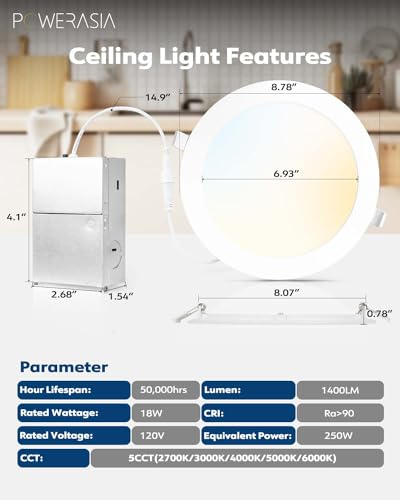 POWERASIA 2 Pack 8 Inch LED Recessed Lighting, 5CCT Canless Wafer, White - color: 2P-5CCT-WH, size: 8INCH