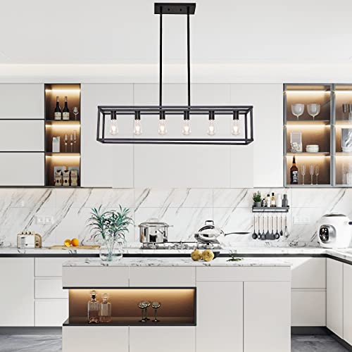 Farmhouse Rectangle Chandeliers for Dining Rooms, Kitchen Fixture Lights Pendant Lights Kitchen Island Black 6-Light Industrial Pendant Lighting for Kitchen Island - color: Black, size: 6 Lights