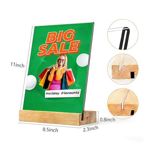 TONICE 8.5 x 11 Acrylic Sign Holder with Wood Base 5 Pack L/T Shape Vertical or Slant Back Display for Wedding, Restaurant, Store, Office, Hotel - color: 8.5x11 5 Pack