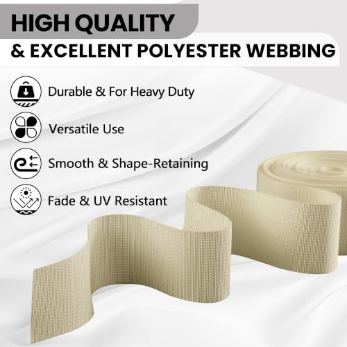 Polyester Webbing Strap 17+Colors – 1"&1.5"&2" – 10 Yards Heavy Duty Webbing Roll, Flat Webbing Strap for Indoor&Outdoor Gear, DIY Crafting, Repairing - color: Cream, size: 1.5"-10yards