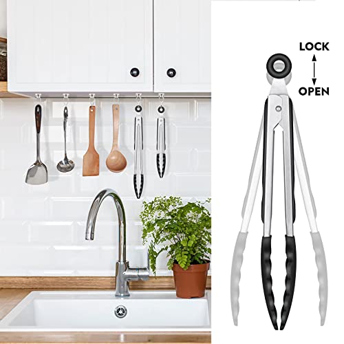 HOTEC Stainless Steel Kitchen Tongs with Silicone Tips, Set of 3-7",9" &12" - color: Black:12+9+7inch