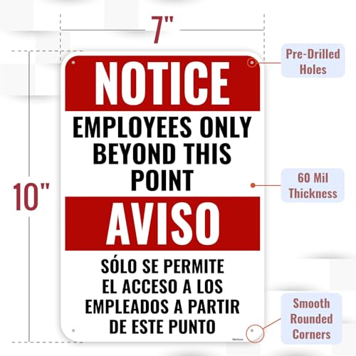 2PC Employees Only Beyond This Point Sign Bilingual, 10 x 7 Inches - Aluminum - No Customers Allowed In Work Area Staff Only Sign For Door - color: Employees Only Beyond This Point Bilingual Sign