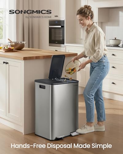 SONGMICS Trash Can, 2 x 8 Gallon (2 x 30 L) Dual-Compartment, Soft-Close - color: Silver, size: 2 x 8 Gallon