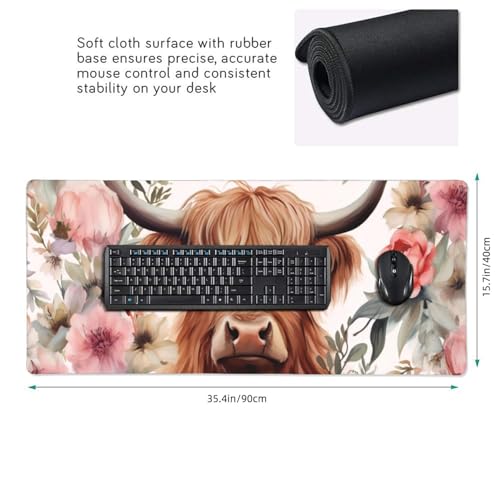 35.4 x 15.7 in, Waterproof XXL Large Mouse Pad for Desk, Extended Keyboard Mouse Mat for Computer Office, Big Laptop Mouse pad, Gaming Pc-Highland Cow Pink Floral - color: Highland Cow Pink Floral