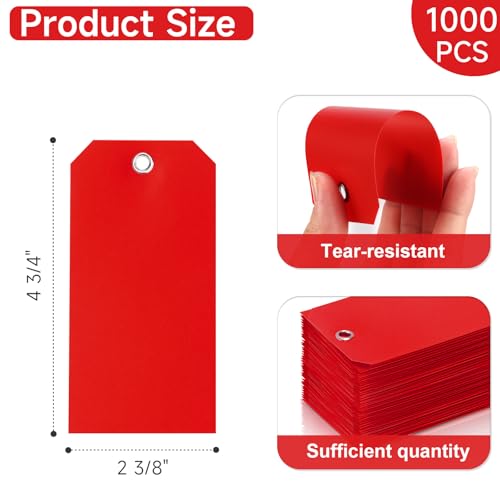1000 Pieces 4 3/4" x 2 3/8" Plastic Shipping Tags Labeling Tags Waterproof Hang Tags with Reinforcement Hole Writable Luggage tag Loops for Equipment Car Parts… (Red) - color: Red