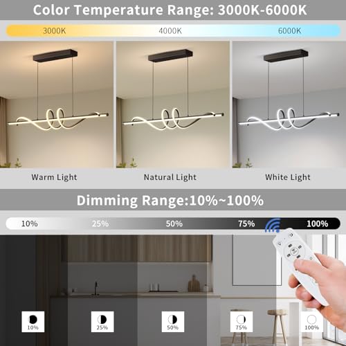 Modern LED Pendant Lights, Ceiling Chandelier Dimmable with Remote Control 3000k-6000K Adjustable Color Temperature, Aluminum Island Lighting Lamp Fixture for Kitchen, Dining Room(39in Black) - color: A-Black, size: 39 inch