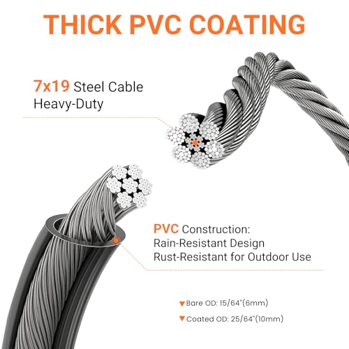 Security Cable with Loops, 10MM Heavy Duty Lock Cable, 4FT 7FT 10FT 15FT 25FT 30FT Vinyl Coated Rust-Proof Flexible Steel Bicycle Security Cable for Motorcycle, Furniture, Gates (Black, 25FT) - size: 25FT