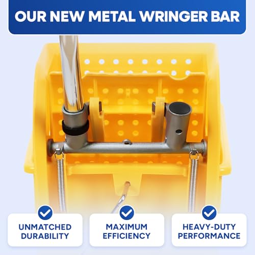 PLASTIC PRINCE Mop Bucket with NEW Reinforced Metal Wringer on Wheels Small 5 Gallon Dual Chamber Industrial Mop Bucket with Reinforced Metal Wringer Separate Dirty Water 20 Quart Yellow
