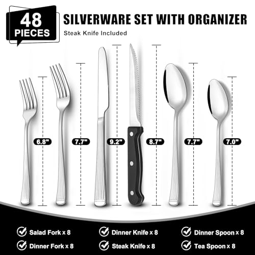 49-Piece Silverware Set with Organizer, Food-Grade Stainless Steel Flatware for 8, Cutlery Utensil Sets with Steak Knives, Rust-proof, Mirror Polished, Dishwasher Safe, Silver Roman Column - style: Roman Column - Silver