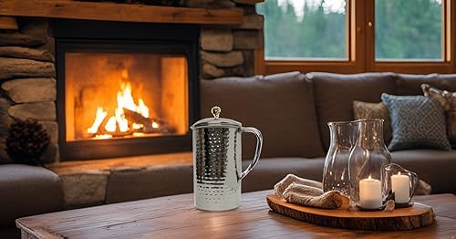 Large Half Gallon / 2.2 Liters / 74 Fl Oz Stainless Steel Pitcher Jug Carafe with Lid Classic Minimalist Designs Leakproof All Beverages by American Ayurveda (Stainless Steel Hammered)