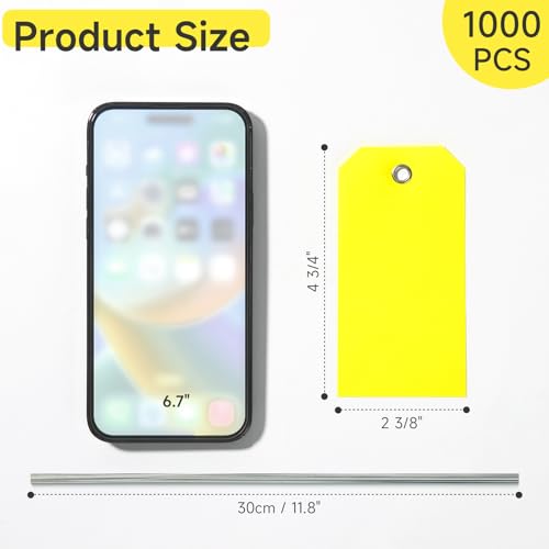 1000 Pieces Plastic Shipping Tags with wire Labeling Tags Waterproof Hang Tags with Reinforcement Hole Writable Luggage tag Loops for Equipment Inventory Parts Garage Storage (Yellow, 4 3/4" x 2 3/8") - color: Yellow