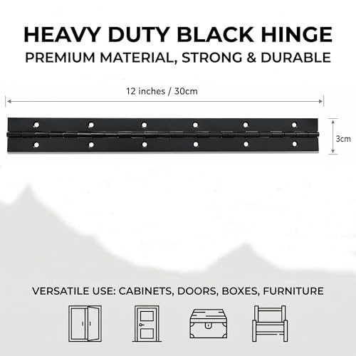 12 Inch Continuous Piano Hinge –4-piece Heavy Duty Black Steel Hinges for Cabinet, Door, Box & Furniture – Smooth Operation, Rust Resistant Finish