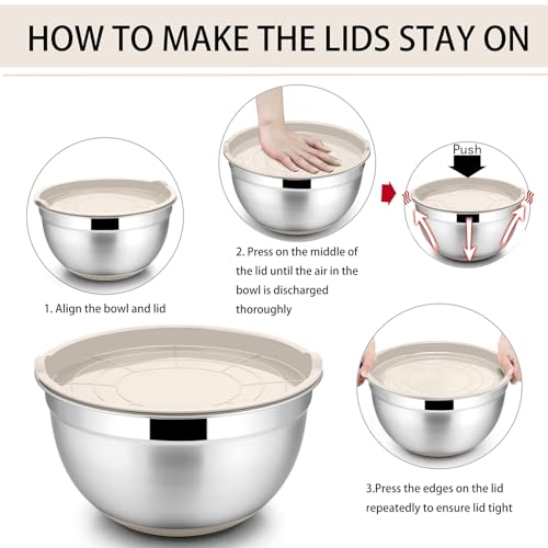P&P CHEF Stainless Steel Mixing Bowls With Lids, Set of 6, Khaki - color: Khaki