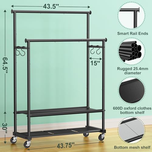 Double Rods Clothes Rack for Hanging Clothes, Heavy Duty Rolling Clothing Rack with Wheels, Freestanding Garment Racks with Oxford Bottom Shelf and Mesh Bottom Shelf for Bedroom Laundry Living Room - color: Black
