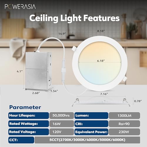 POWERASIA 2 Pack 7 Inch LED Recessed Lighting, 5CCT Canless Wafer, White - color: 2P-5CCT-WH, size: 7INCH