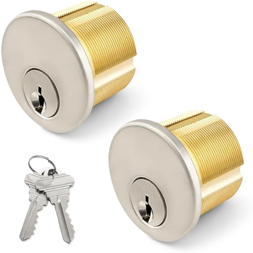 2 Pack Brass Mortise Cylinder Lock with SC Keyway, 1 Inch Length Keyed Standard SC1 Keyway, Standard Commercial Door Replacement Lock Mortise Cylinder for Home Aluminum Door