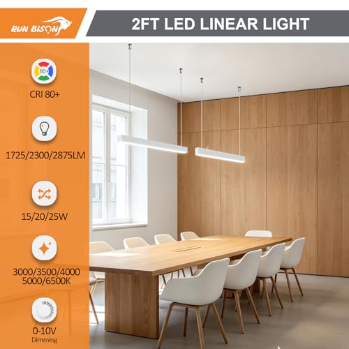 LED Linear Light 2FT, 15W/20W/25W Selectable Hanging Office Shop Light, Up to 2875LM,3000K-6500K Adjustable Architectural Linear Lighting Fixture, Dimmable Suspended Lighting - 2PK - color: White, size: 2FT-2PK