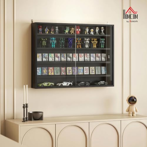 HOMCOM 5-Tier Wall Mounted Display Cabinet Glass Doors Jet Black - color: Jet Black