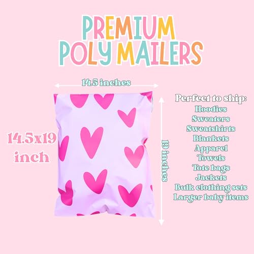 14.5x19 Designer Poly Mailer 100 Pack Heavy Duty Polymailers Waterproof Self Seal Shipping Bags Packaging for Small Business Large Mailing Envelopes Bulk Tear Resistant Packaging Pink Hearts - color: Pink Hearts, size: 14.5x19