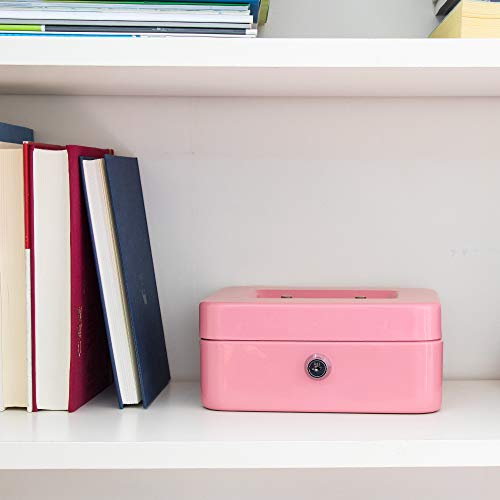 Kyodoled Medium Cash Box with Money Tray,Small Safe Lock Box with Key, Drawer,7.87"x 6.30"x 3.54" Pink - color: Pink-1PACK, size: Medium