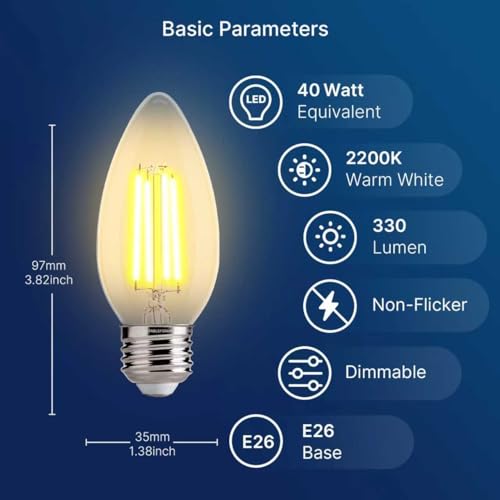 FLSNT 40W Equivalent LED Chandelier Light Bulbs, Dimmable Amber LED B11 E26 Candelabra Base Bulbs, 2200K Warm White, 330LM, 12 Pack UL,CA65 Listed. - color: 40w Warm White, size: 12 Count (Pack of 1)