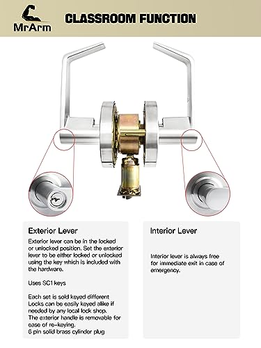 MrArm Commercial Door Lever Lock, Heavy-Duty Locking Door Handle, Designer Door Handles, Cylindrical Lever Lock, Non-Handed Grade 2 Industrial Standard Door Handle, Satin Chrome(Classroom)