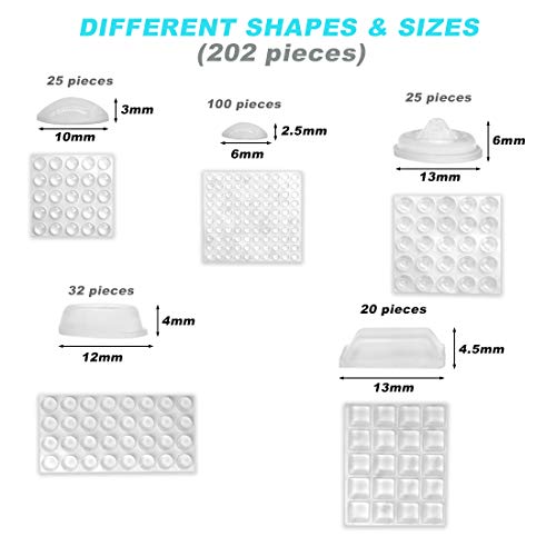202 Pcs Combo Pack Clear Adhesive Bumper Pads, Round Spherical Square, Self Adhesive Sound Dampening Transparent Rubber Feet Pads for Cabinet Doors Drawers Glass Tops Picture Frames Cutting Boards