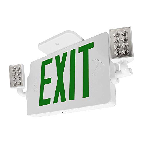 LFI Lights® Thin COMBO UL 924 Listed, Green LED, Exit Sign with Emergency Lights, White, 120-277VAC Hardwired with Battery Backup, Optional Double Face and Knock Out Arrows COMBOTGWBB - size: 1 Pack