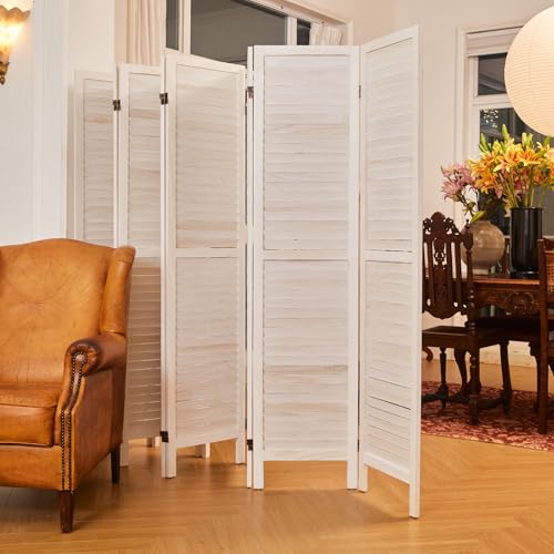 Room Dividers and Folding Privacy Screens, Wood Louvered Separators Divider Wall for Home Office Bedroom - 8 Panels (White-Washed) - color: White - Louvered, size: 8 Panels
