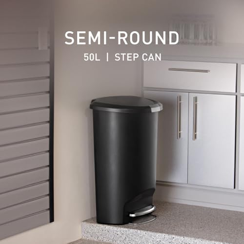 simplehuman 50 Liter / 13 Gallon Semi-Round Kitchen Step Trash Can with Secure Slide Lock, Black Plastic - color: Black