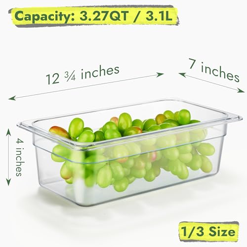 CURTA 6-Pack 1/3 Size 4" Deep NSF Polycarbonate Food Pans with Handled Lids & Drain Trays | Dishwasher & Freezer Safe Clear Container for Prep Tables, Buffet, Salad Bar, Commercial Kitchen - color: 1/3 Size, size: 4" Deep Pan with Lid
