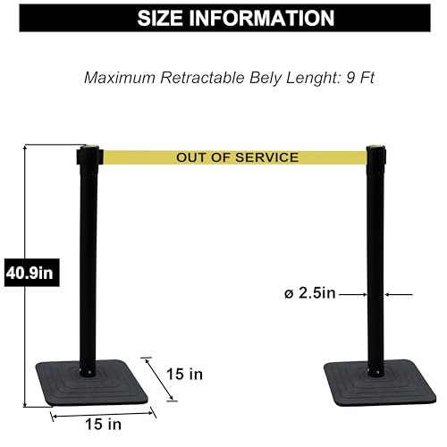 OrangeStar Crowd Control Stanchions with 9Ft Retractable Belt, Heavy Duty Stanchion Set with Rubber Base, Black Out of Service Queue Barrier for Bank, Hotel, Retail, Event, 4 Pack - color: Yellow-OUT OF SERVICE