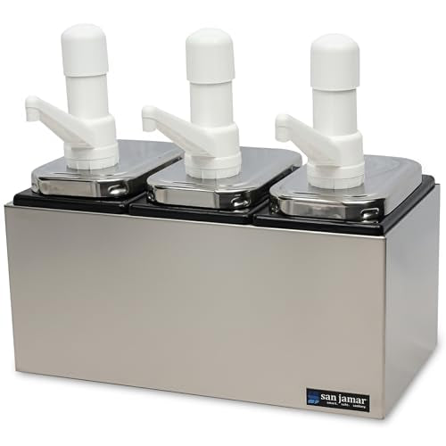 San Jamar CFS Jamar P9713 Stainless Steel Condiment Pump Service Center with 3 Wells Black Jars, 14" Length x 7-7/8" Width x 12-1/2" Height - style: 3 Pumps