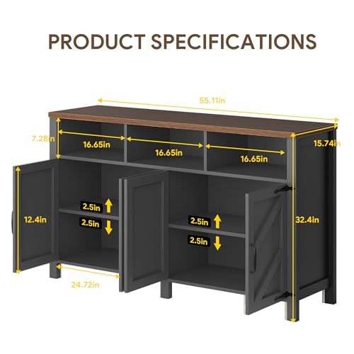 knoworld Buffet Sideboard with Storage Farmhouse, Large Kitchen Storage Cabinet Wood Coffee Bar Cabine Buffet for Kitchen, Living Room, 55in, Black - color: Black, size: 55"W