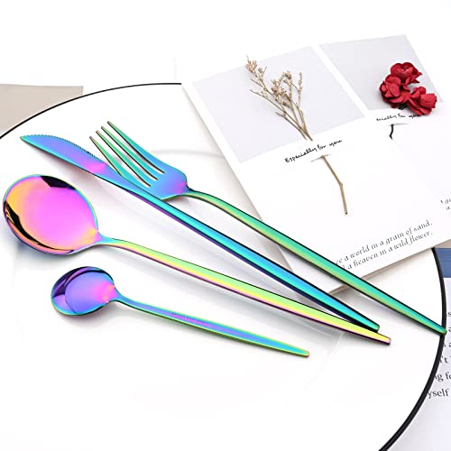 24-Piece Mirror Rainbow Flatware, 18/0 Stainless Steel Dinnerware Set Include Knife Fork Spoon Teaspoon Cutlery Set For Home Restaurant and Party Service For 6, Dishwasher Safe - color: Rainbow