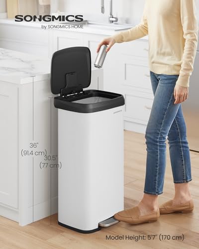 SONGMICS Kitchen Trash Can, 18-Gallon Stainless Steel Garbage Can, with Stay-Open Lid and Step-on Pedal, Soft Closure, Tall, Large and Space-Saving, White and Black ULTB520W68 - color: White + Black, style: 18 Gallons