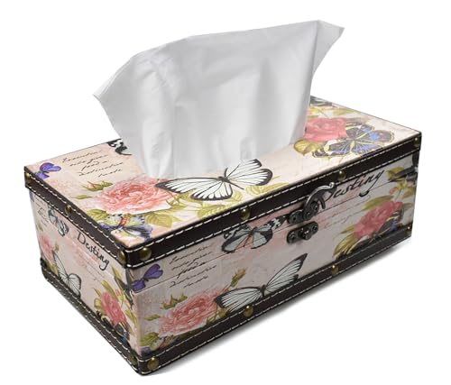 Wood Tissue Box Cover with PU Leather & Vintage Pattern - Rectangle Decorative Tissue Holder for Home, Car, Office, Bathroom, Desk - Fits Standard Medium Tissues with Lid (Butterfly Style) - color: Butterfly Style