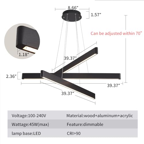 YISDESIGN 3-Light Solid Wood Black Linear Pendant Light - Dimmable Modern LED Chandelier for Dining Room Table Kitchen Island Living Room Ceiling - 45W Warm Light Adjustable Hanging Fixture Black - color: Black, size: 39-3in