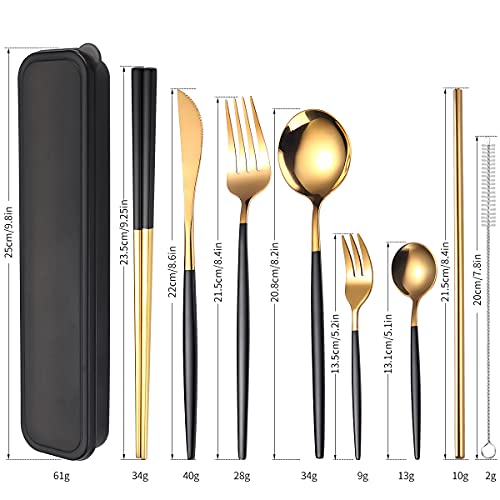AARAINBOW 8 Pieces Stainless Steel Flatware Set Portable Reusable Cutlery Set Travel Utensils Set Including Chopsticks Knife Fork Spoon Straws Cleaning Brush Dishwasher Safe (Black Golden) - color: Black Golden