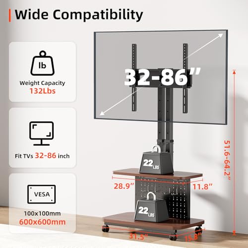 Mobile TV Cart on Wheels,Height Adjustable Rolling TV Stand for 32-85 inch TVs,with 5-Level Lift,35° Swivel,Portable Media Cart for Office,Outdoor - color: Walnut 1