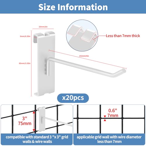 20Pcs Gridwall Hooks, Metal Grid Panel Hanging Peg Hooks, Grid Wall Accessory for Clothes Storage, Home Organization, Retail Display (White, 6"/15Cm) - color: White, size: 6"/15Cm