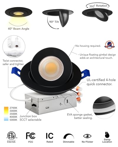 Adetu 12 Pack 4 inch 5CCT Black Gimbal LED Recessed Lights, 10W=95W, 982LM - color: Black-4 inch, size: 12 Pack