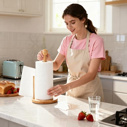 Bamboo and Wood Wooden Tissue Rack countertop, Kitchen and Dining Bathroom Vertical Round Ball Double Column Tissue Rack, Large Plate Stable Round Base, Suitable for Standard and Large tissues
