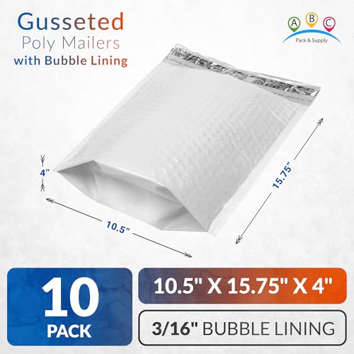 ABC PACK & SUPPLY White Bubble Mailers, 10.5 x 15.75 x 4 Inch, Pack of 10, Waterproof Self-Seal Padded Shipping Envelopes with Bottom Gusset for Secure Packaging - size: 10.5" x 15.75" x 4" / 10 Pack