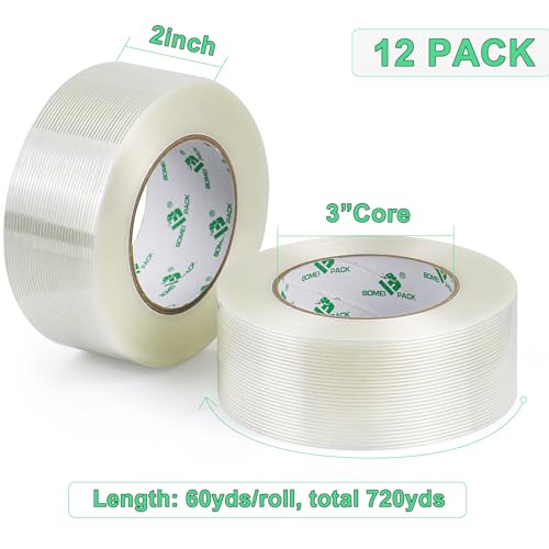 BOMEI PACK 12PACK Strapping Tape 2Inch, Heavy Duty Fiberglass Reinforced Packing Tape, 5.5Mil x 60Yds - size: 12Rolls (2inch x 60yds)